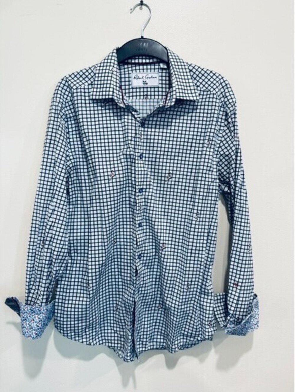 Robert Graham Mens M Blue Grid Check Pin Up Girl Swimsuit Button Down Shirt Cuff